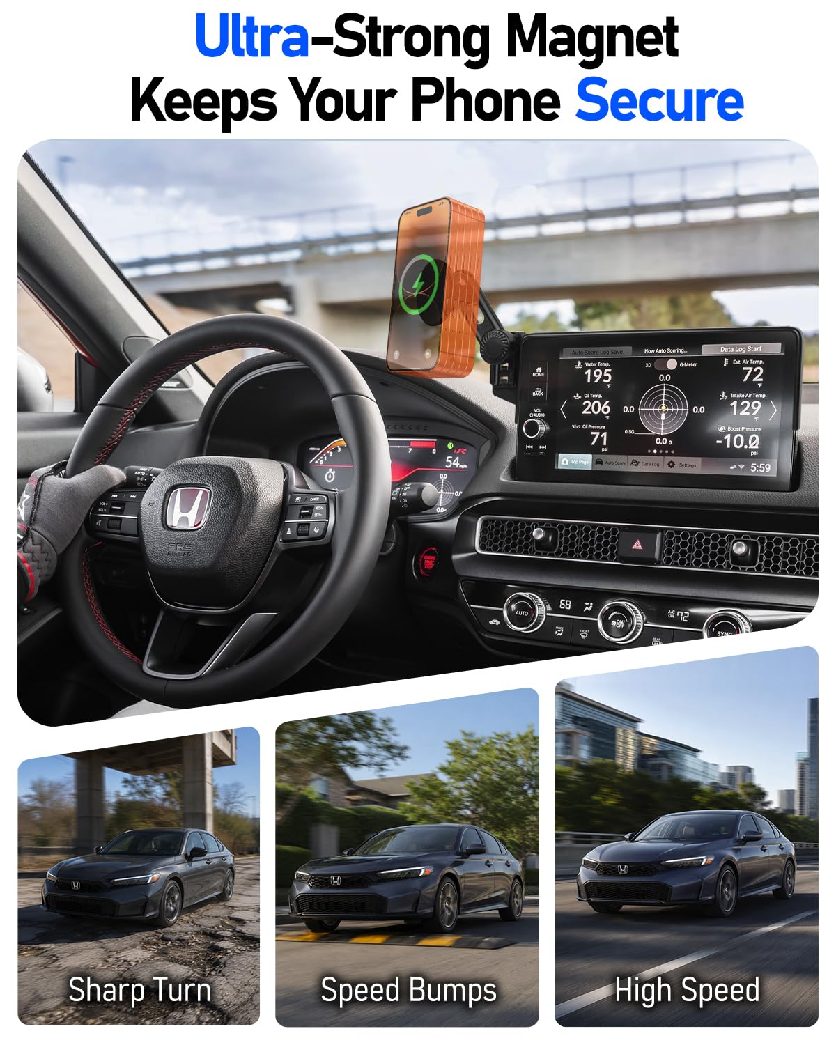 Supporto caricabatterie per telefono per Honda Civic 11a generazione 2022-2026, adatto a schermo da 7/9 pollici, supporto caricabatterie wireless con forti magneti, stile OEM, nessun ostacolo
