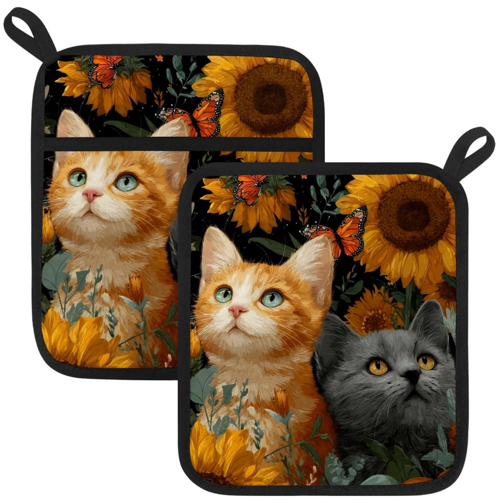 VAPOKF Cat Sunflower Kitchen Hot Pot Holder, Pot Holders Heat Resistant Pot Holder with Pocket Heat Resistant Trivets for Hot Pans Cotton Pot Mitts for Kitchen Cooking Baking
