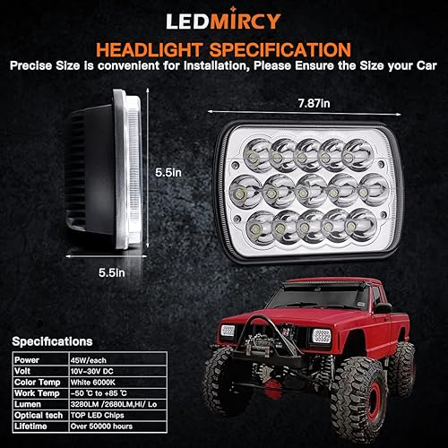 Miniatura 6 de Luces LED rectangulares de 5 x 7 pulgadas, 2 unidades, 90 W, haz cuadrado de 7 x 6 pulgadas, luz para Jeep Cherokee todoterreno camión H6054 H5054