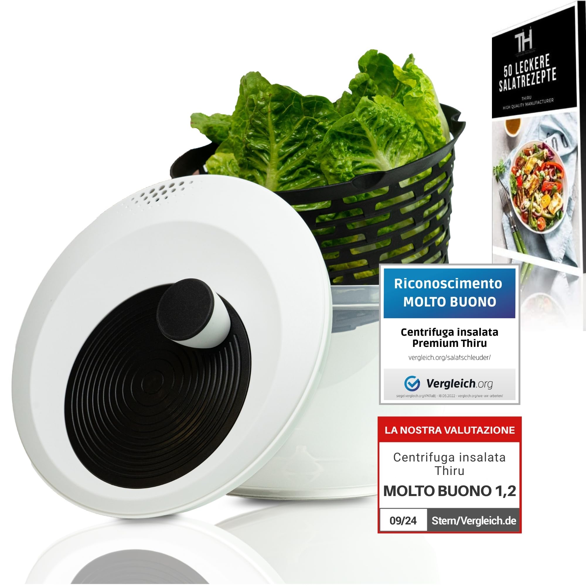 Centrifuga insalata Premium 5 L – 60 giorni di prova senza rischi – 2 in 1 antiscivolo: centrifuga & insalatiera – Ø 24,5 cm – senza BPA – lavastoviglie – per asciugare l’insalata – eBook incluso