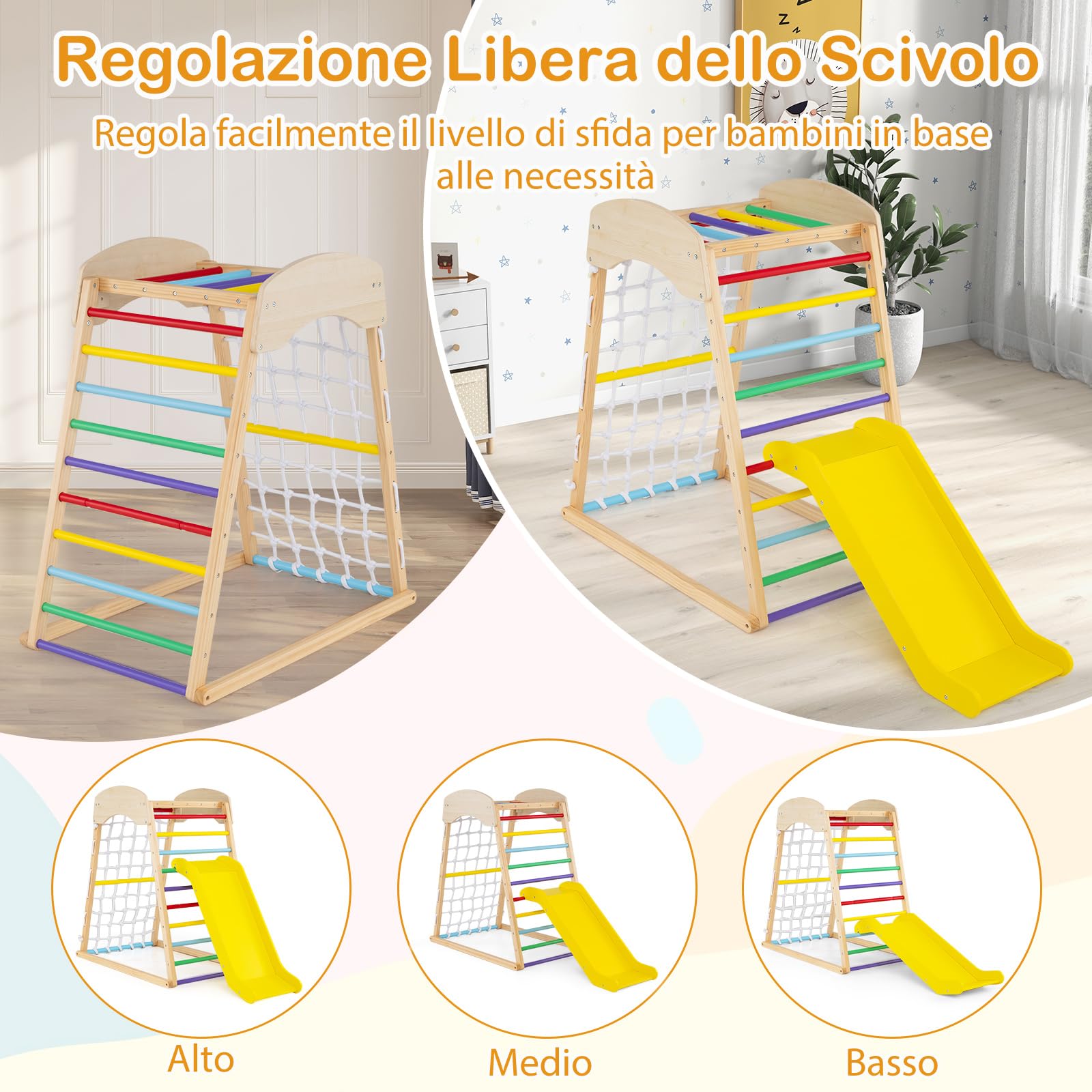 COSTWAY Set Arrampicata 4 in 1, Parco Giochi Interno in Legno con Sbarre Rete da Arrampicata e Scala da Arrampicata, per Bambini 1 Anno+ (colorato)