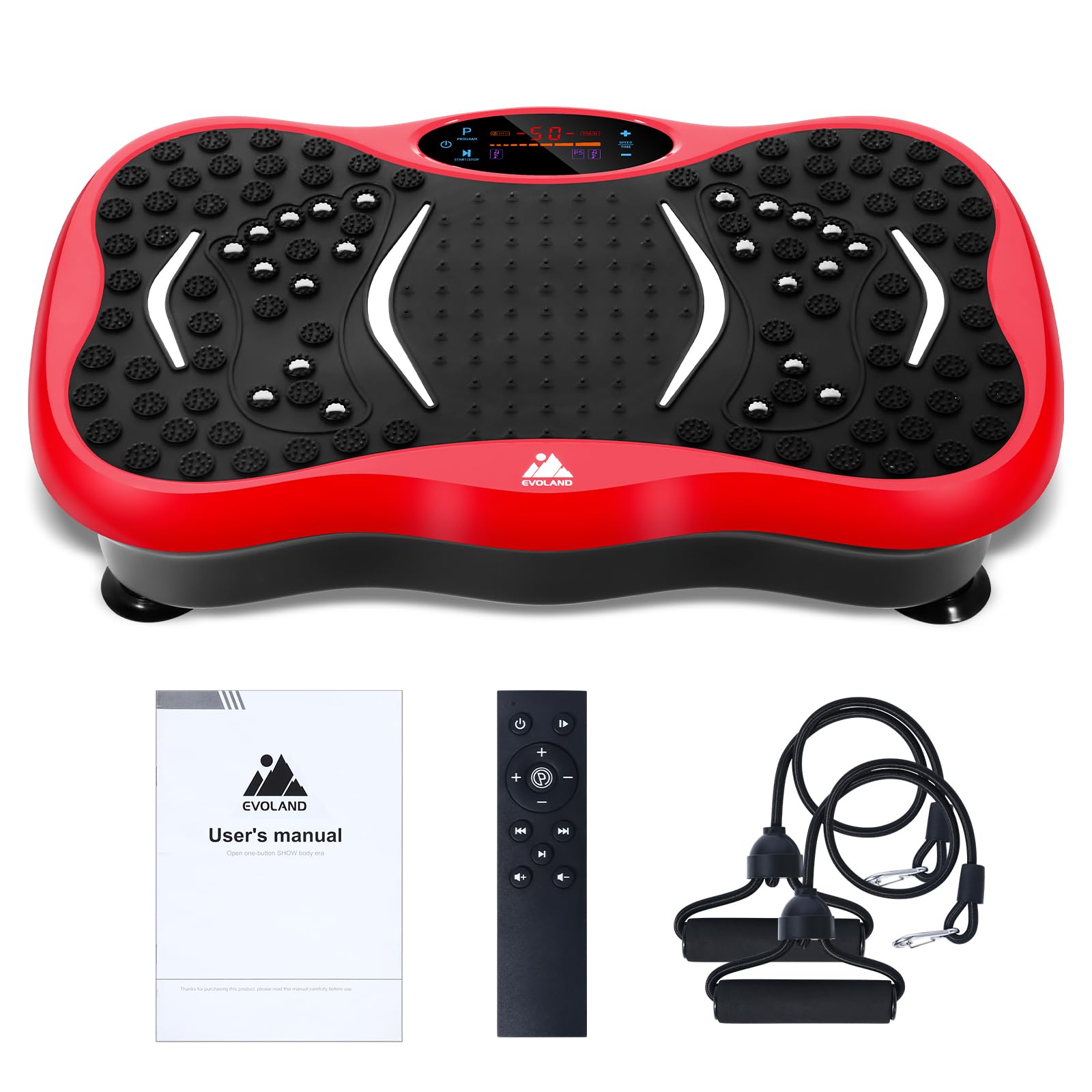 EVOLAND Vibrationsplatte Trainingsgerät mit 5 Trainingsprogramme bis 99 Intensitätsstufen, Bluetooth Lautsprecher, Widerstandsbänder mit Griff für Ganzkörpertraining und Körperformung-Rot