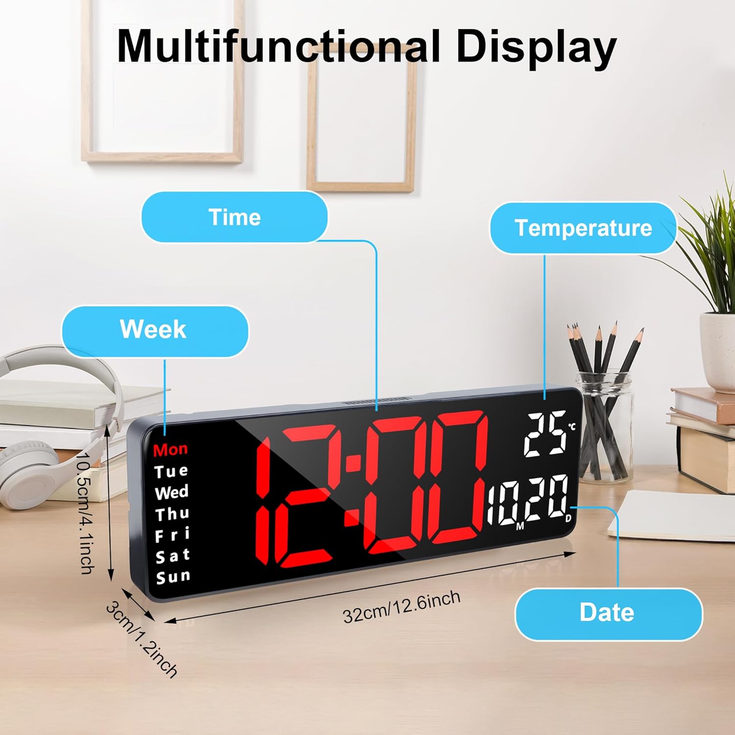 Lafocuse 13 Inch Silent Digital Wall Clock Red Large Display with Date Week Temperature, LED Clock with Remote Control for Living Room Decor Office Kitchen, Automatic Brightness Dimmer, Countdown