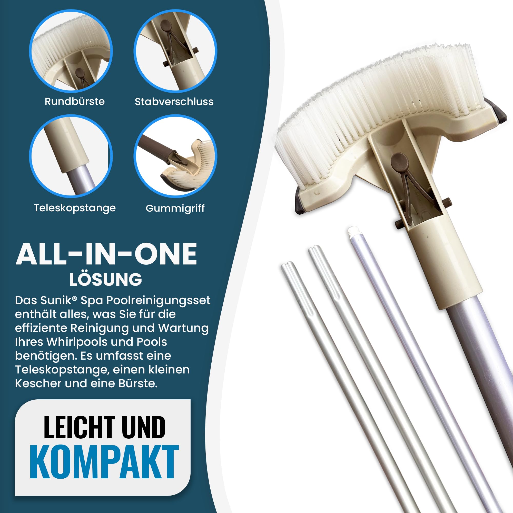 Sunik Spa Poolreinigungsset - Whirlpool Reiniger Set 3-teilig - Whirlpool Zubehör Wartungsset mit Teleskopstange, Kescher klein & Bürste - Whirlpool reinigungsset für Pools & Spa