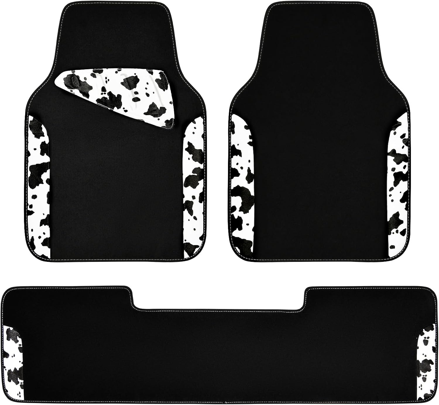 CAR PASS Waterproof Universal 3Pcs Car Floor Mats, Cow Print Car Mats Fit for SUV,Vans,sedans, Trucks,Set of Vehicles Car Carpet with Driver Heel Pad and Nibs Backing, Cute Women Girly (Black White)