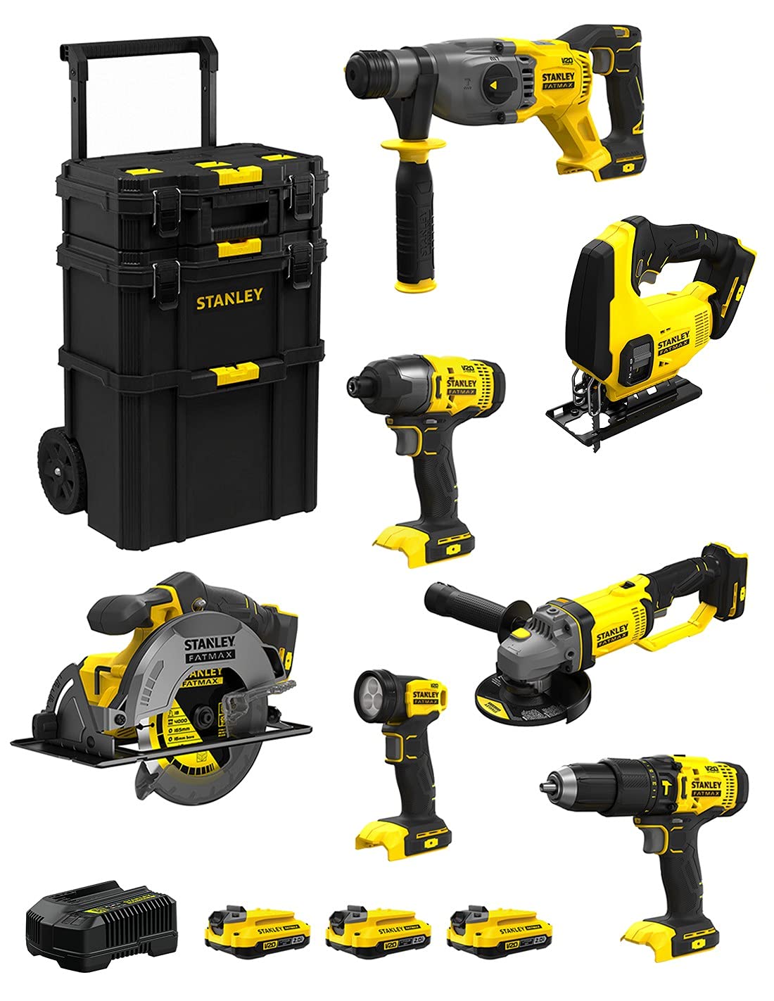 STANLEY FatMax Kit SVK700 (SFMCH900 + SFMCG400 + SFMCD711 + SFMCF800 + SFMCS500 + SFMCS600 + SFMCL020 + 3 Batterie 2,0 Ah + Caricabatteria + Caddy 3in1)