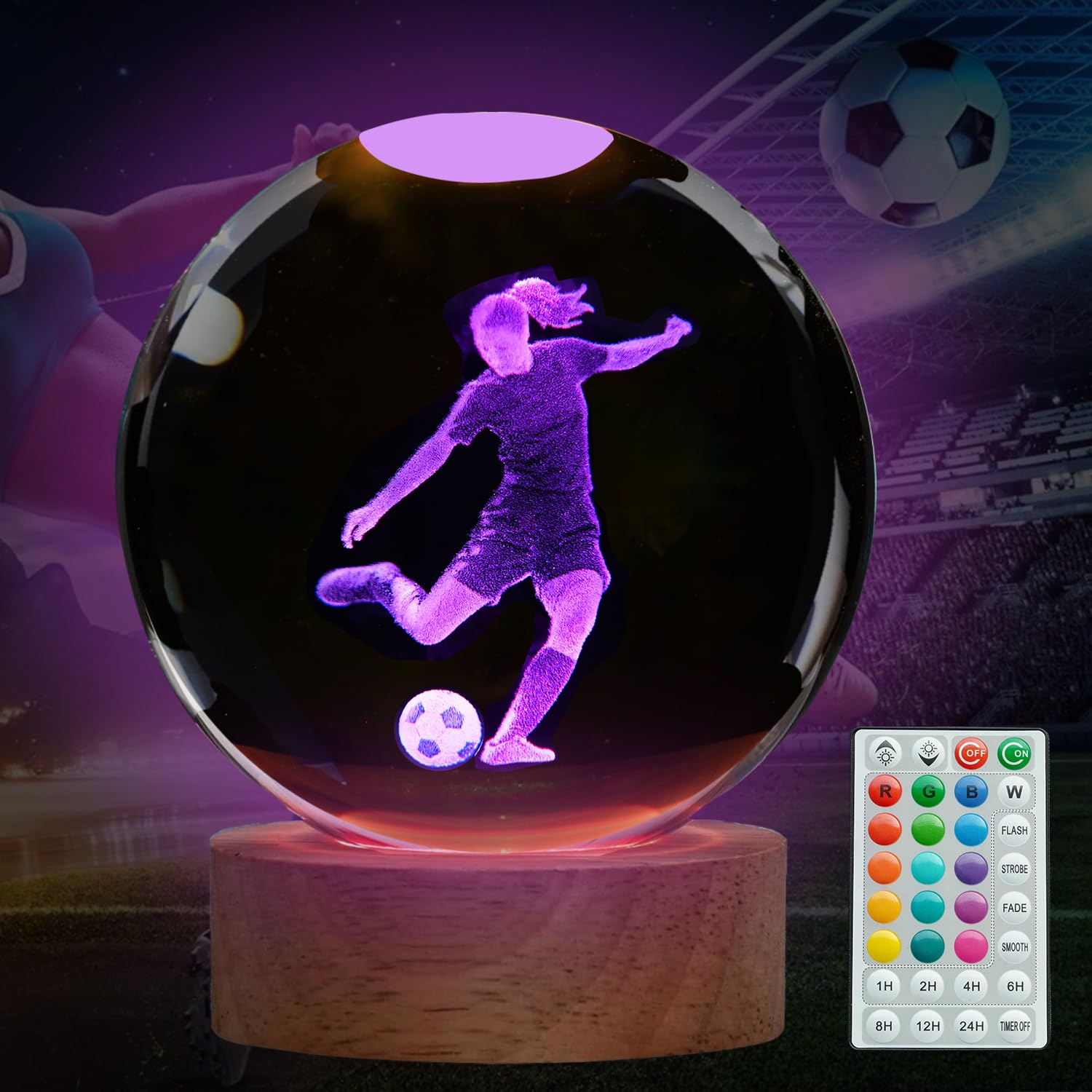 Football Night Light, Football Gifts for Girls, 3D (80mm) K9 Crystal Ball with Remote Control, 16 Colors, 4 Flashing Modes, Timer, Dimmable, Sport Girl Stuff Decor for Holiday Birthday Christmas