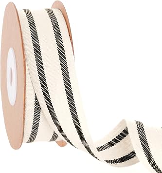Natural Cotton Ribbon Stripe Fabric Ribbon 1 Inch x 10 Yard Christmas Ribbon for Gift Wrapping Bow Making Home Decor DIY Crafts Black, 1 inch