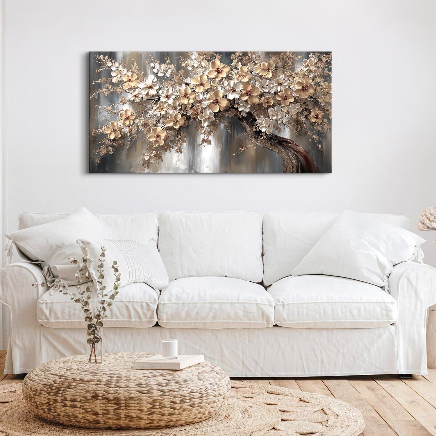 AREBOLO Baum des Lebens Leinwandbild 50x100 cm XL, Vintage Luxus Wanddeko Blumen Natur Wandbilder, Kunstdruck Canvas für Wohnzimmer Schlafzimmer Esszimmer, Weiß Gold Beige Wanddekoration als Geschenk