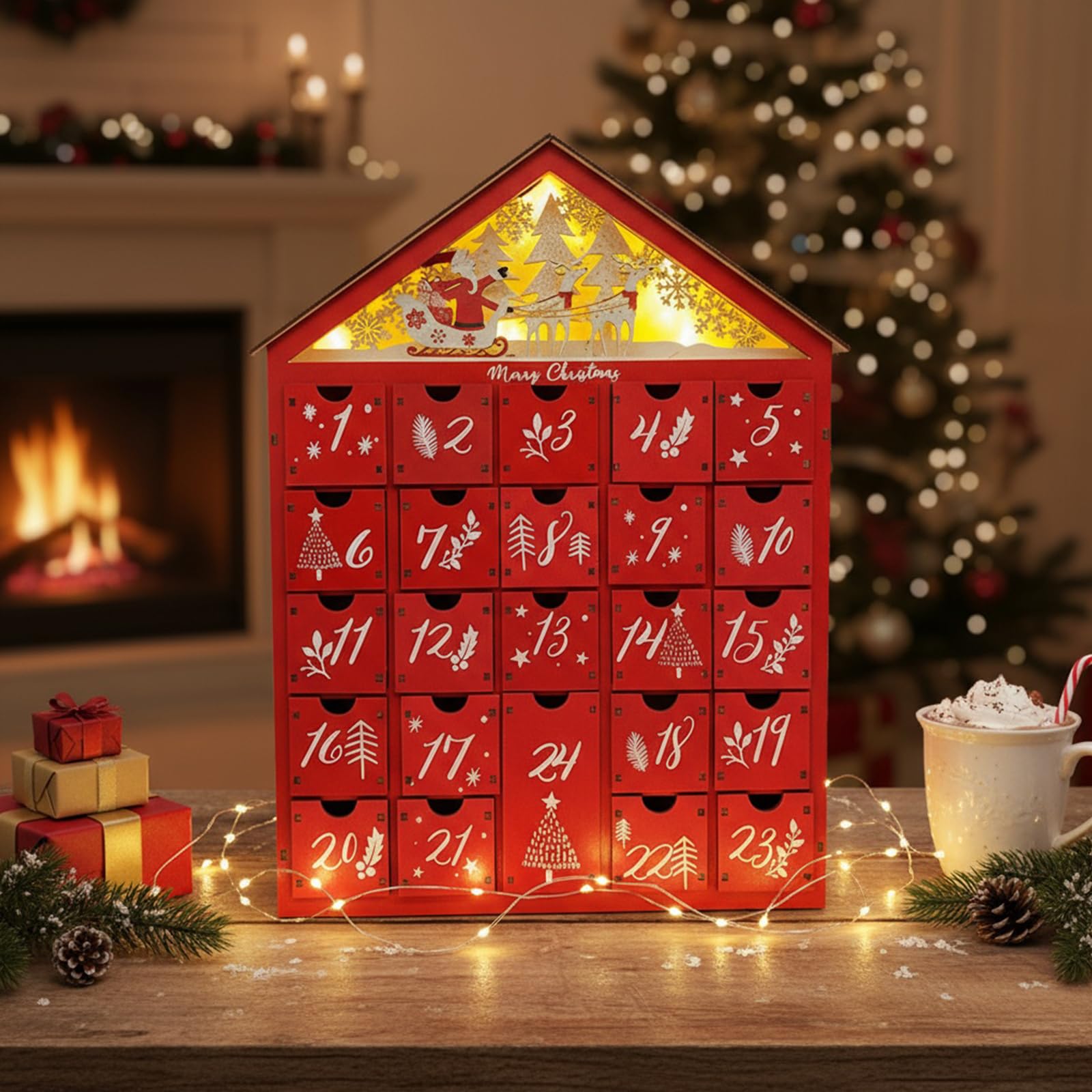 Calendario dell'Avvento natalizio in legno, conto alla rovescia con 24 cassetti, calendario dell'Avvento ricaricabile, in legno, per bambini, decorazione per la casa