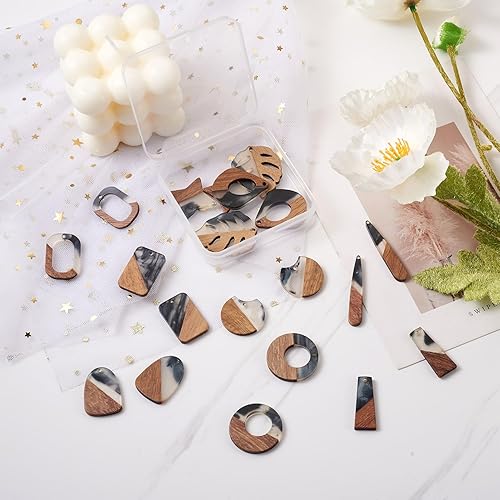 Miniatura 6 de Beadthoven - 20 unidades10 pares de dijes de madera de resina con patrón de tinta, aretes bohemios para bricolaje, colgantes de madera de resina