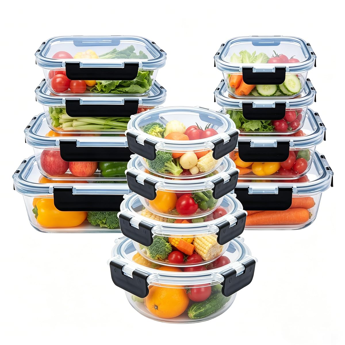 set contenitori vetro 24 pezzi (12 vasche+12 coperchi). Ermetici senza BPA, adatti microonde, Nero