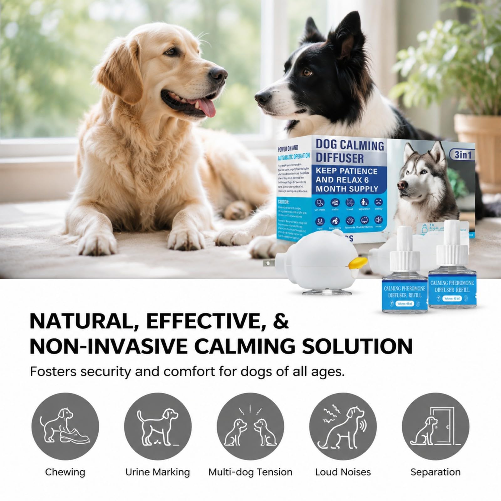 Difusor de Feromonas Relajante para Perros – con Luz LED, Recarga 2x48ml, No Medicado, Sin Somnolencia, Alivia Ansiedad por Separación y Estrés por Tormentas, 60 Días de Duración
