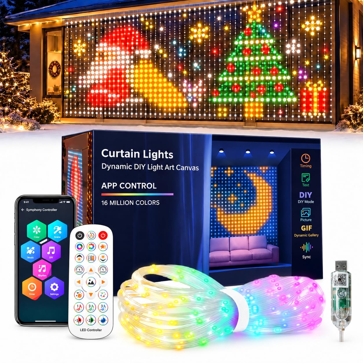 Curtain Fairy Lights 2×2m 400 RGBIC LEDs, App‑Controlled, IP65 Waterproof