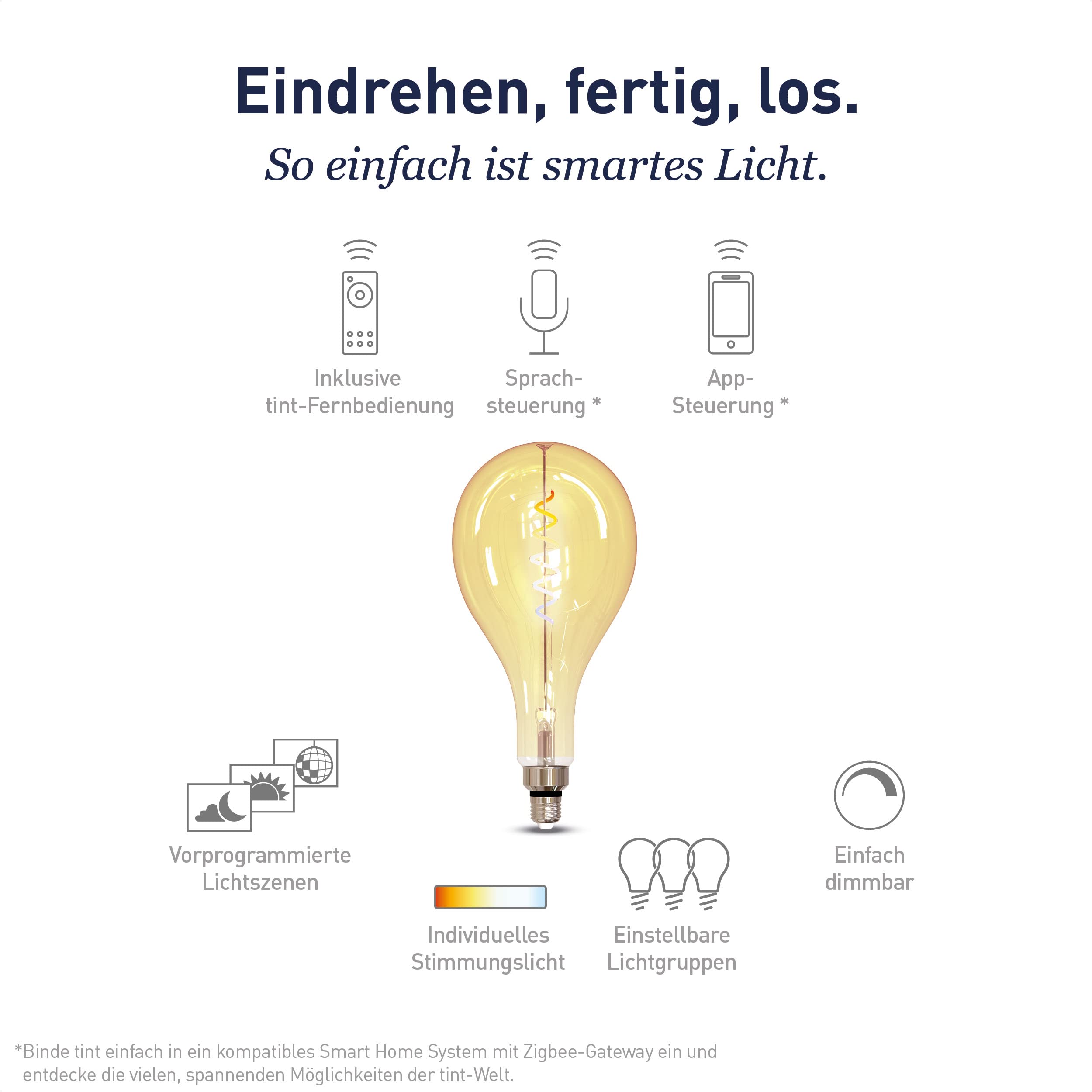 tint Smarte LED-Birne Retro Gold XXL E27 – Steuerbar per Alexa oder Fernbedienung – Dimmbare E27 Glühbirne mit weißem Licht (1800-6500 K), 4,9 W