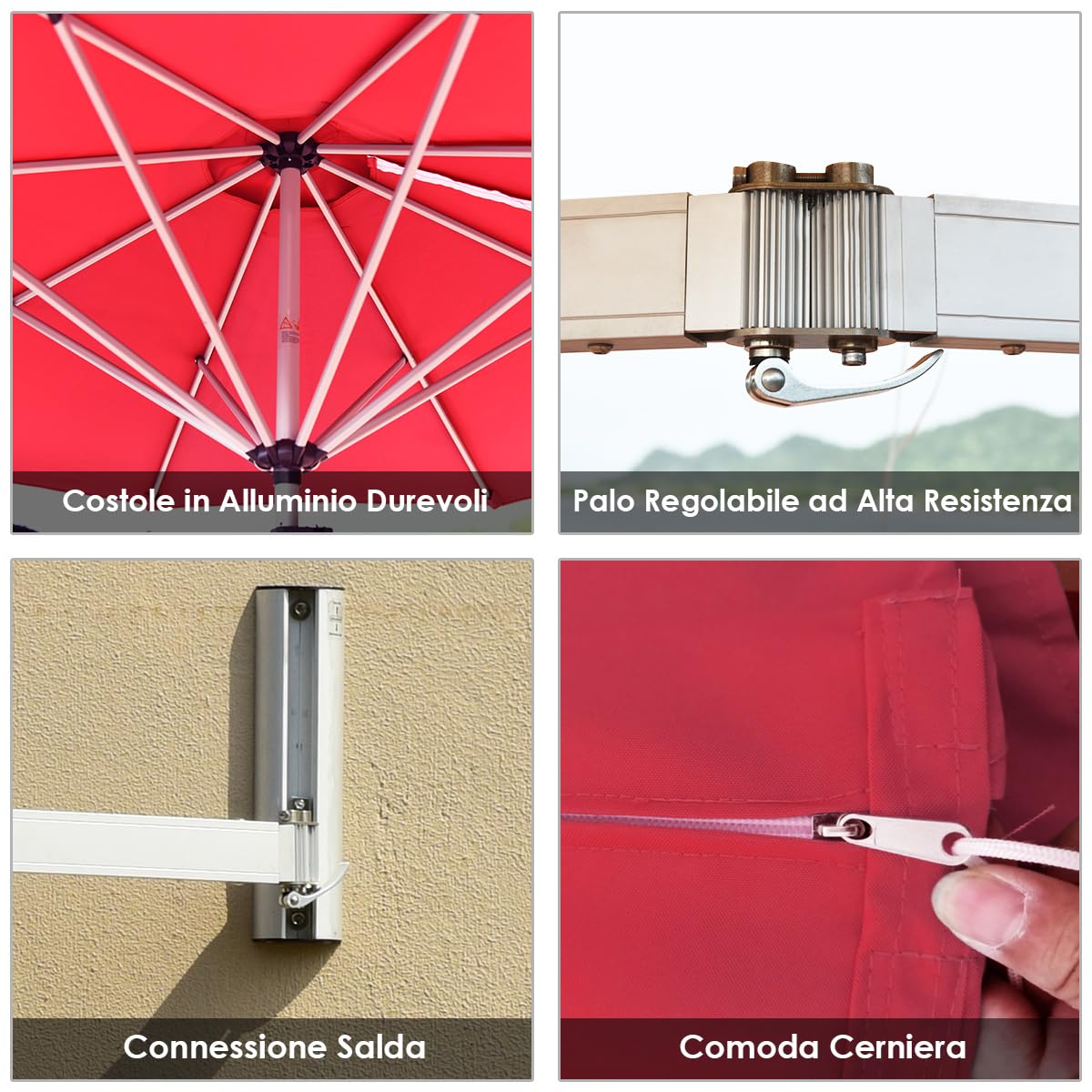COSTWAY Ombrellone da Parete 250 cm, Ombrellone da Muro per Giardino con Angolo Regolabile, Parasole Esterno Pieghevole Anti UV, per Giardino, Balcone e Cortile (Rosso)