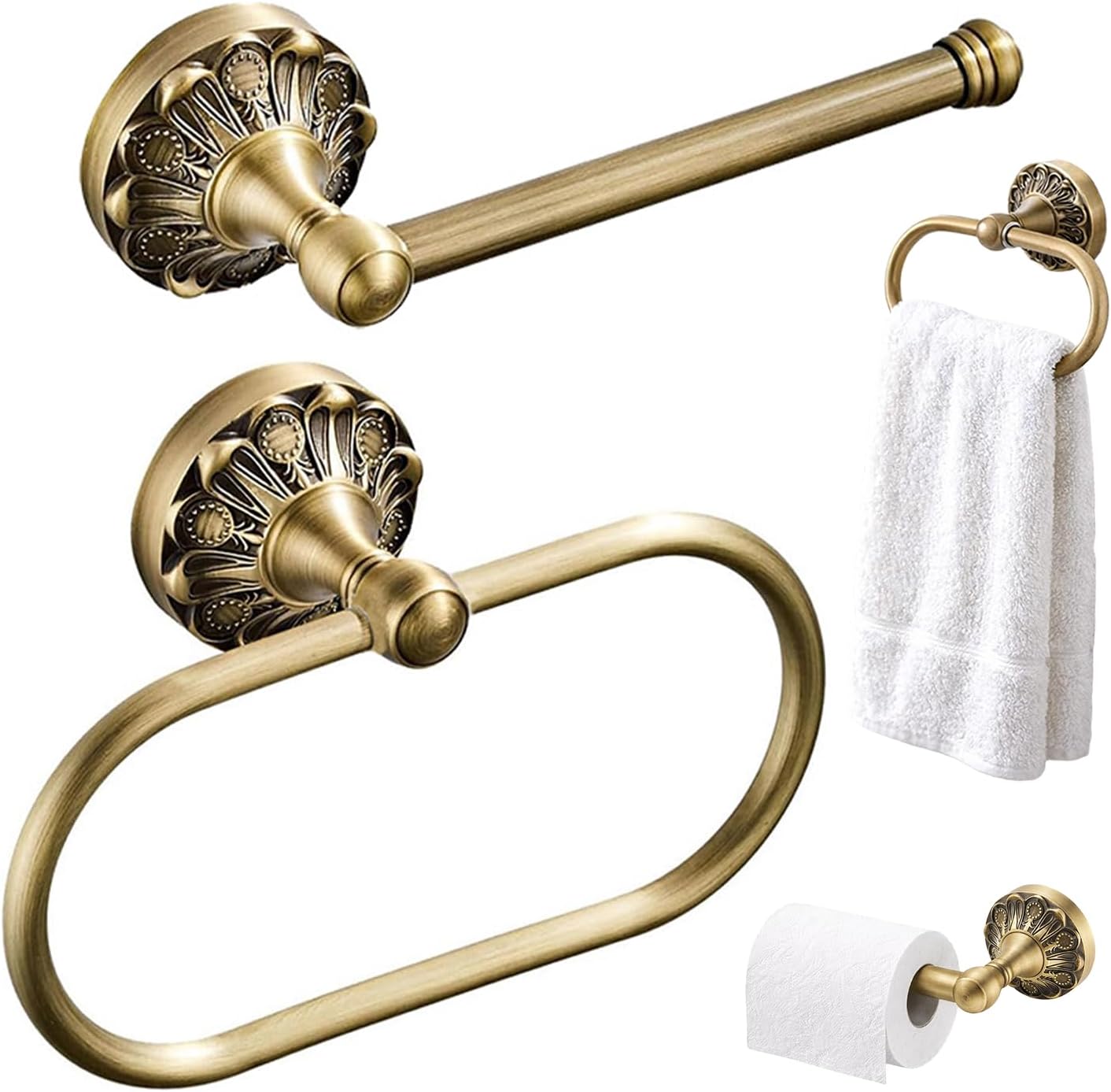 2 Piece Set Antique Brass Toilet Paper Holder & Towel Ring, Vintage Bathroom Accessories Hardware, Wall Mounted Brass Hand Towel Holder and Tissue Roll Hanger for Retro Bathroom Decor