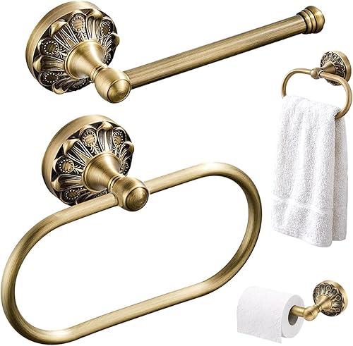 Juego de 2 piezas de soporte de papel higiénico de latón antiguo y anillo de toalla, accesorios de baño vintage, soporte de toalla de mano de latón