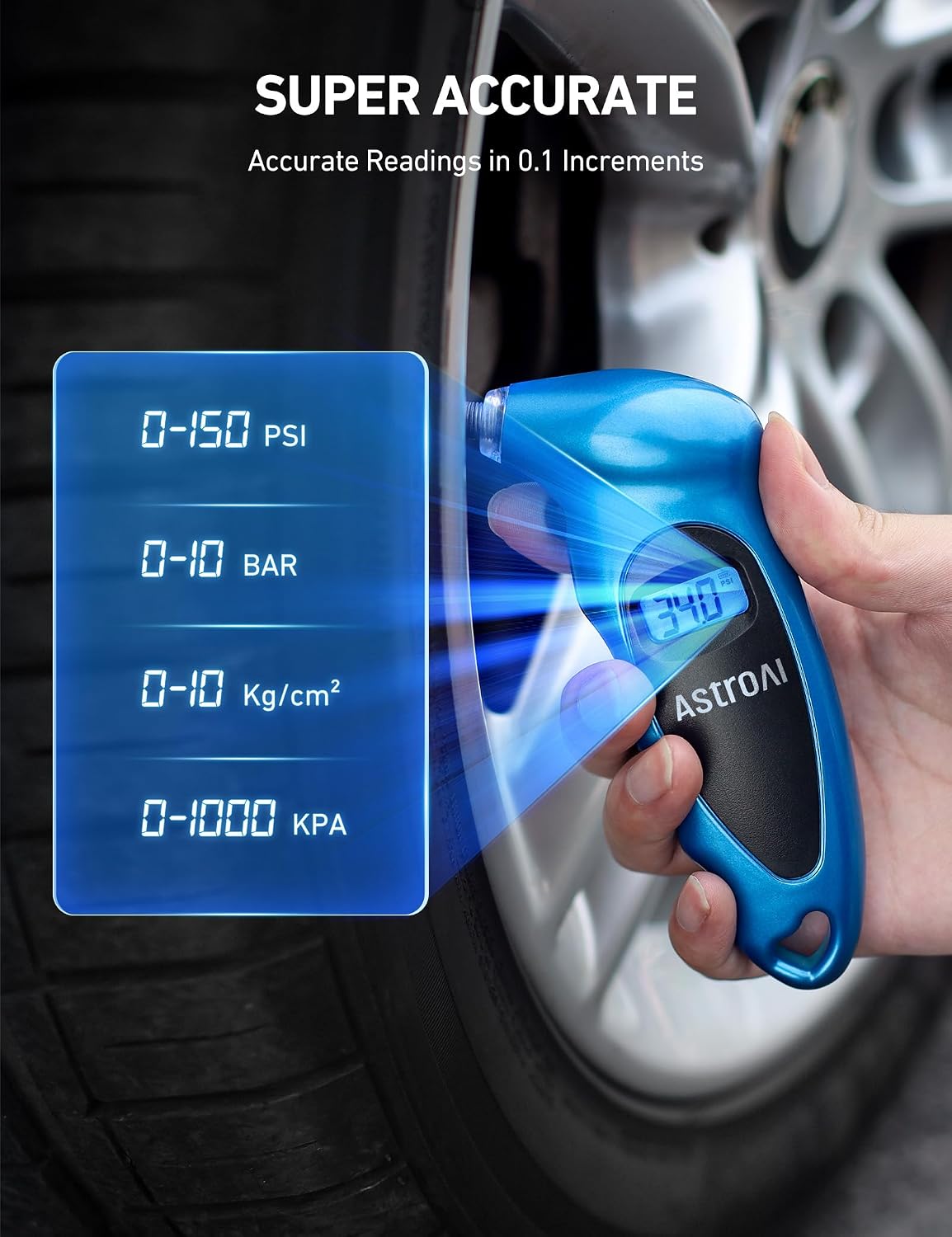 AstroAI Tire Pressure Gauge Digital 0-150PSI (Accurate in 0.1 Increments), 4 Units for Car Truck Bicycle with Backlight LCD and Presta Valve Adaptor