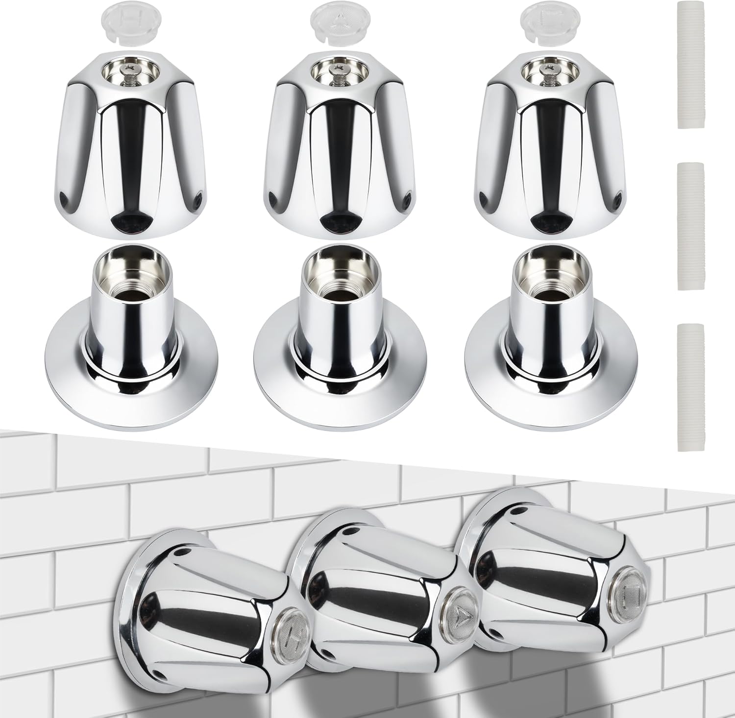 3 Piece Metal Shower Knob Replacement Compatible with Price Pfister Verve Tub Faucet Handle, Bathtub Knobs Include Hot/Cold/Diverter/Flange Base Replacement for Shower Trim Kit (Polished Chrome)
