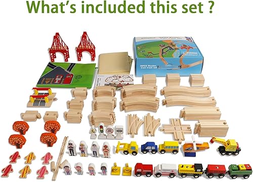Miniatura 7 de Juego de 100 pistas de tren de madera, tren de juguete con pistas para niños de 3 a 10 años, compatible con las principales marcas, juego de