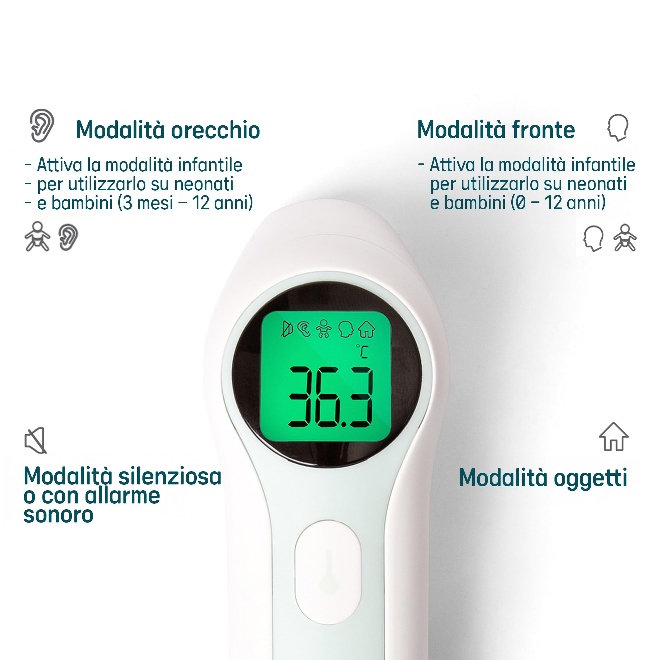 Suavinex, Termometro Digitale Neonato, Infrarossi, Senza Contatto, Misurazione Fronte e Orecchio, Lettura Rapida in 1 Secondo, Preciso, Modalità Neonati, Bambini e Adulti, con custodia, Pile Incluse