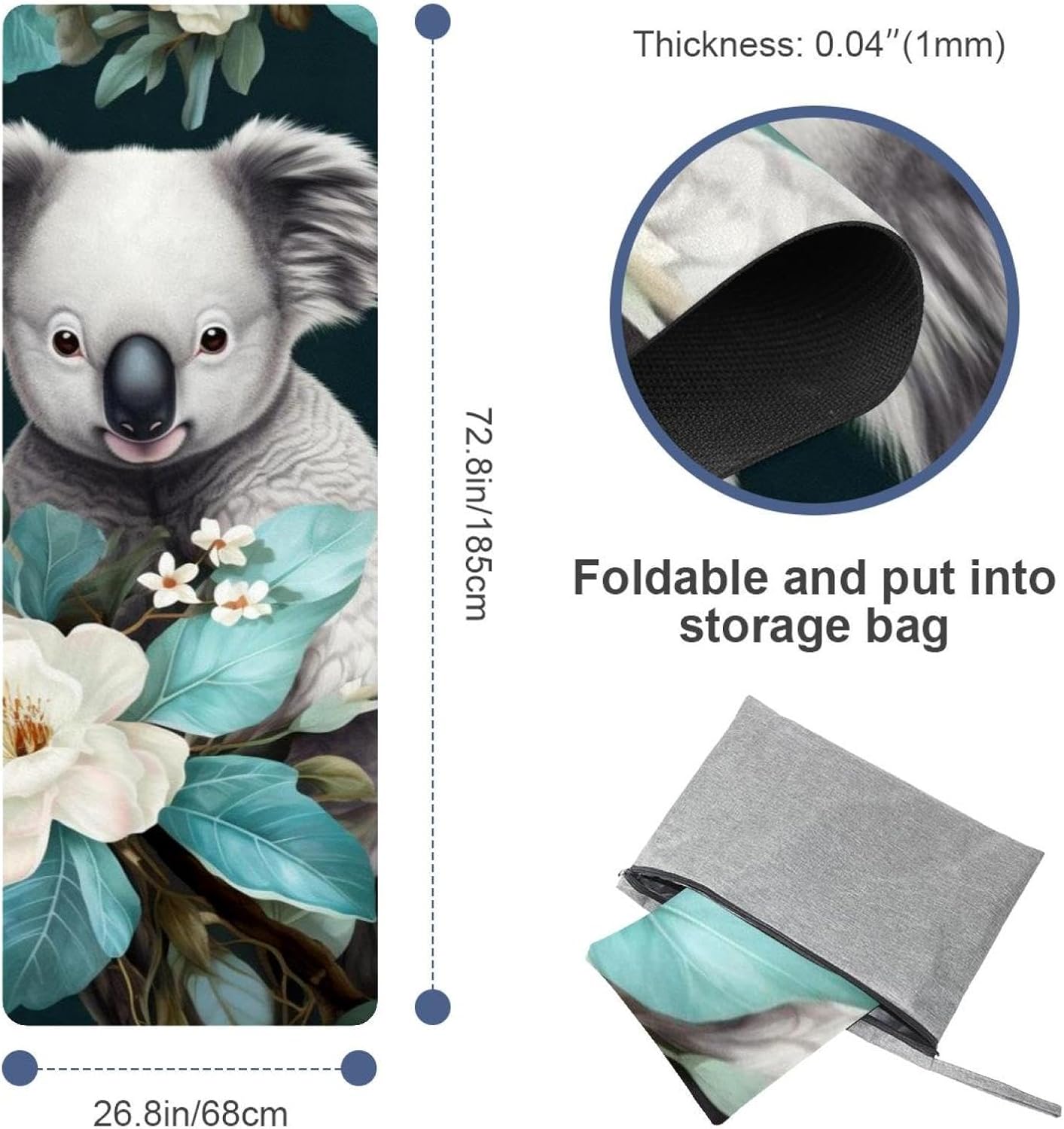 Yoga Towel, Koala Flowers Pattern Non Slip Sweat Absorbent Hot Yoga Mat Towel for Hot Yoga, Pilates and Fitness - 72.8" x 26.8"