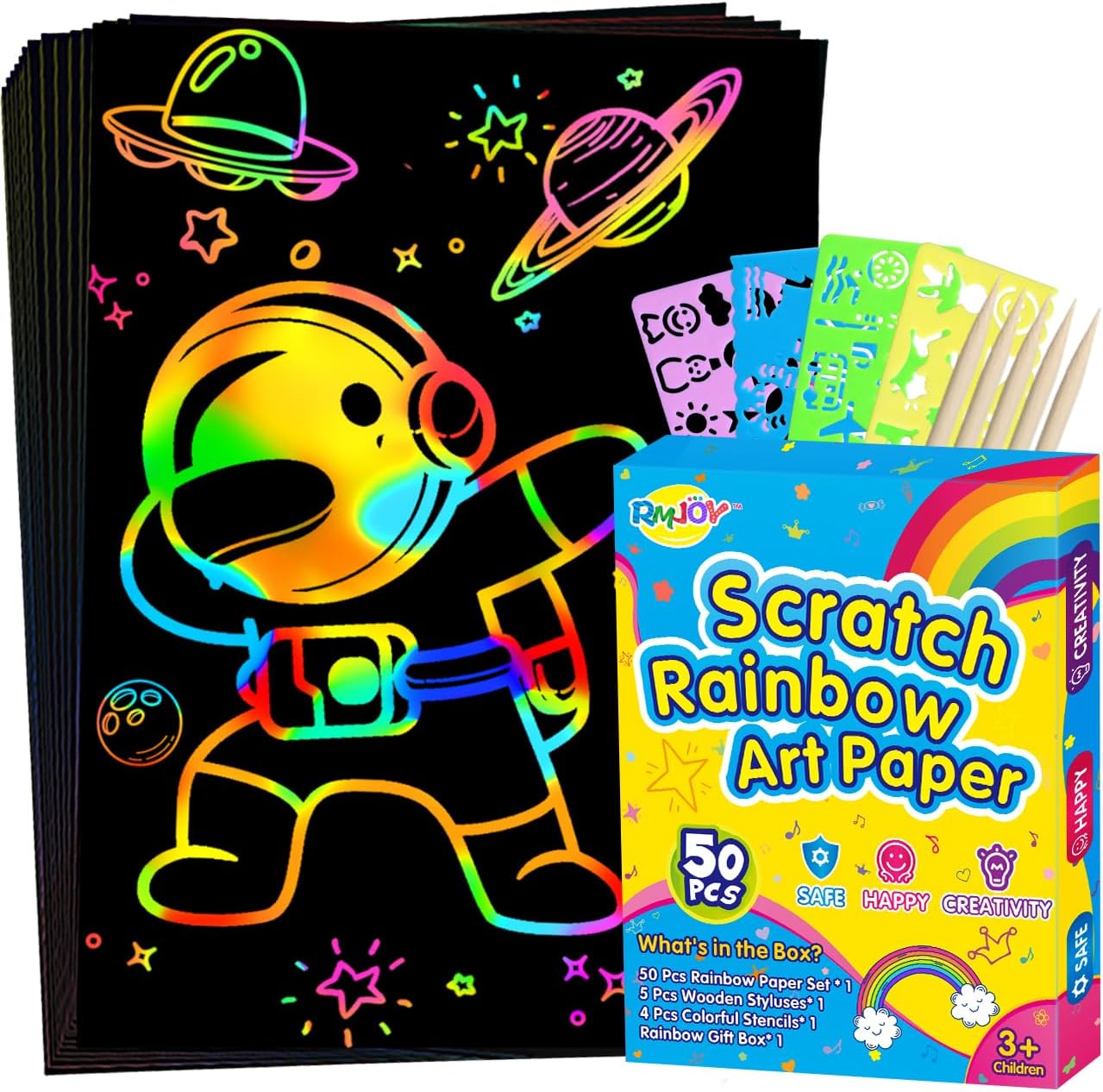 RMJOY Rainbow Scratch Paper Art for Kids: 50PCS Magic Arts Crafts Gifts Toys for Girls Boys Ages 3-12 Games Activities for Birthday Party Family Day Classroom Prizes Easter Basket Stuffers(Boys)