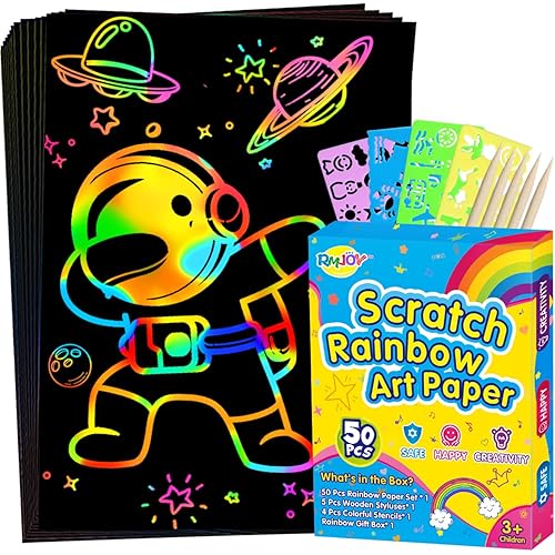 RMJOY Rainbow Scratch Paper Art for Kids: 50PCS Magic Arts Crafts Gifts Toys for Girls Boys Ages 3-12 Games Activities for Birthday Party Family Day Classroom Prizes Easter Basket Stuffers(Boys)