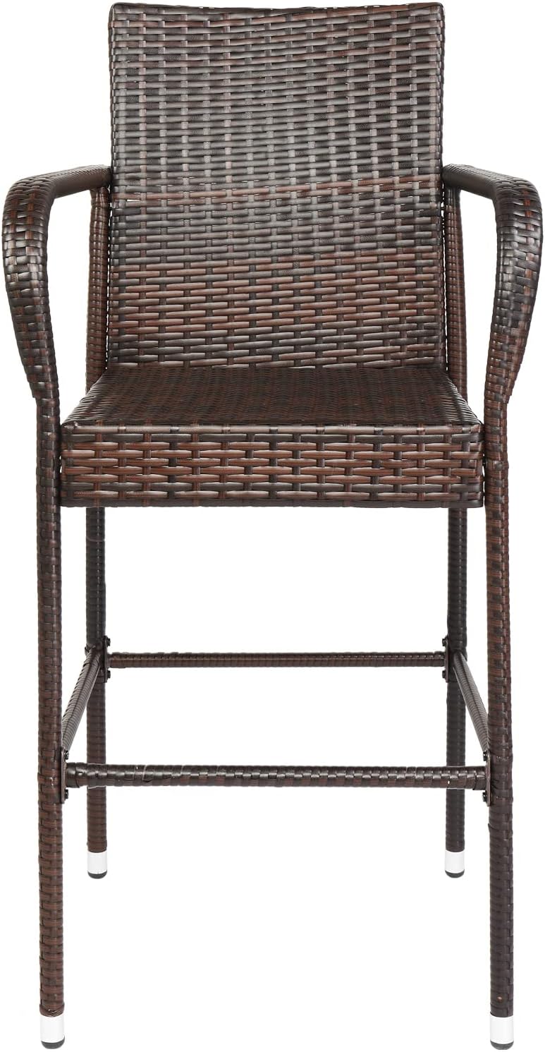 2pcs High Bar Chair Brown Gradient,Upgraded Wicker Bar Stool Chairs Outdoor Backyard Rattan Chair w/Iron Frame, Armrest and Footrest