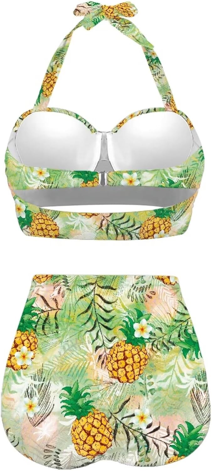 Hawaii Tropical Beach Women's Halter Bikini Set, Trendy 2 Piece Tummy Control High-Waisted Bathing Suits