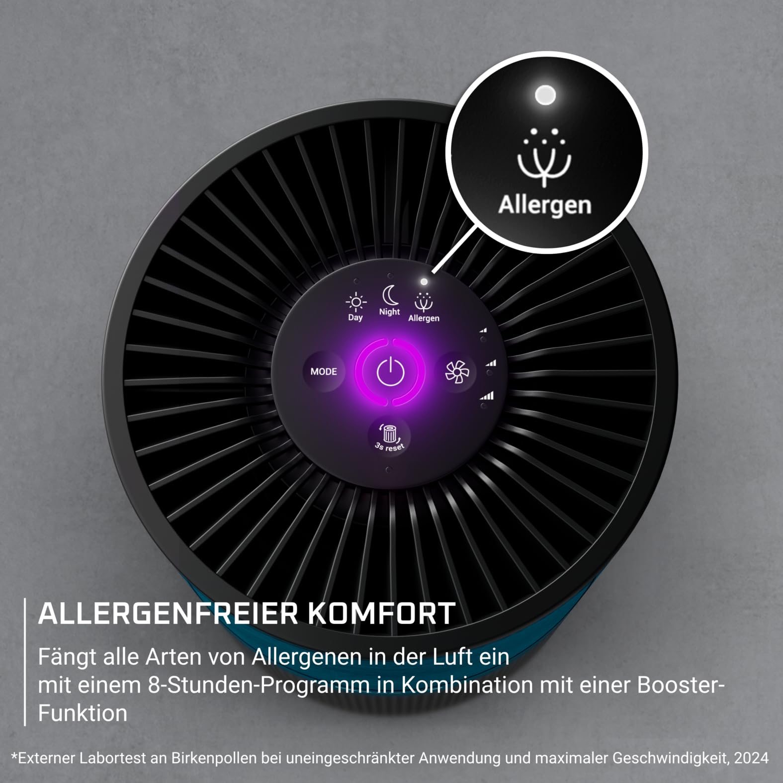 Rowenta Pure Air Compact Luftreiniger, für Zuhause, hocheffiziente Luftreinigung, bis 52 m², 3-in-1 Filterung, HEPA Allergy+, Echtzeit-Luftqualitätsanzeige, Schwarz/Blau, PU2221F0