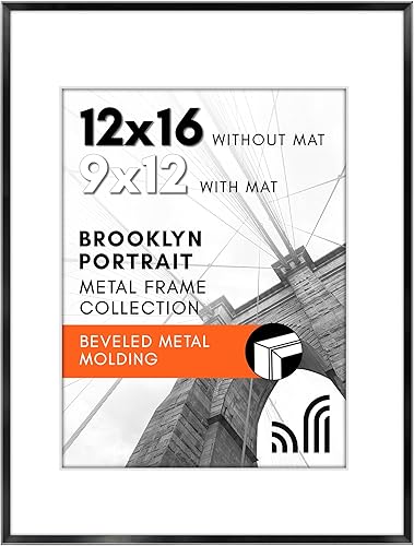 Americanflat Portarretratos de aluminio de 12 x 16 pulgadas, color negro, se puede utilizar como marco de fotos de 9 x 12 pulgadas con paspartú o