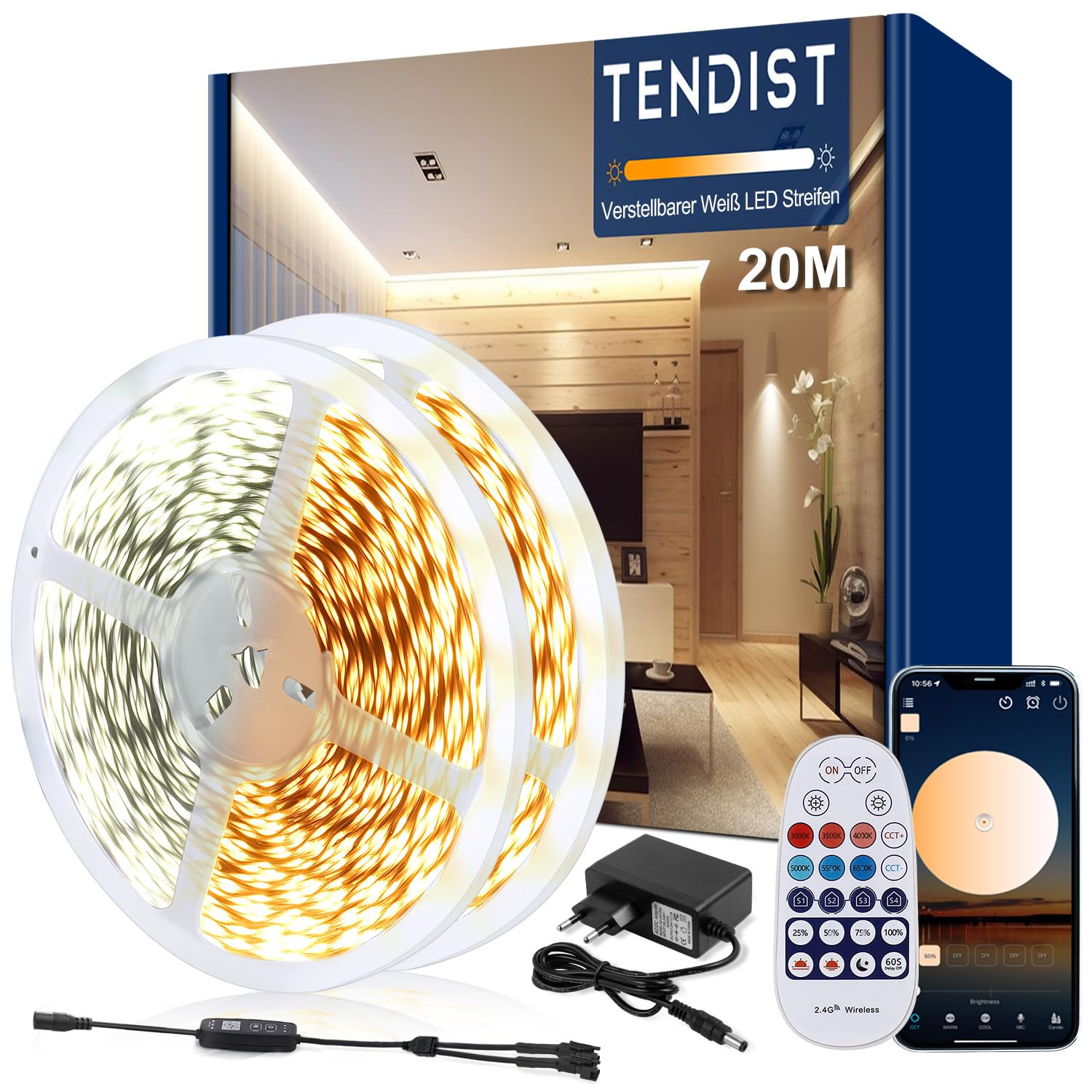 TENDIST Led Strip Weiß Dimmbar, 3000K-6500K Warmweiß bis Kaltweiß 24V Led Streifen Selbstklebend mit Fernbedienung, Smart App and Controller Function (‎Warmweiß 3000k Kaltweiß 6500k, 20M)