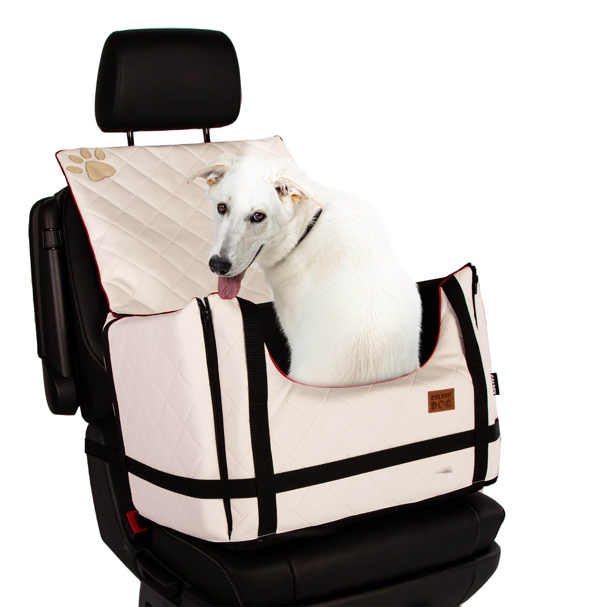 Golden Dog - Transportín para perro con cinturón de seguridad M-52 x 44 x 33 cm - Piel sintética para asiento de coche para perro, resistente al agua, asiento para perros - Asiento para el copiloto