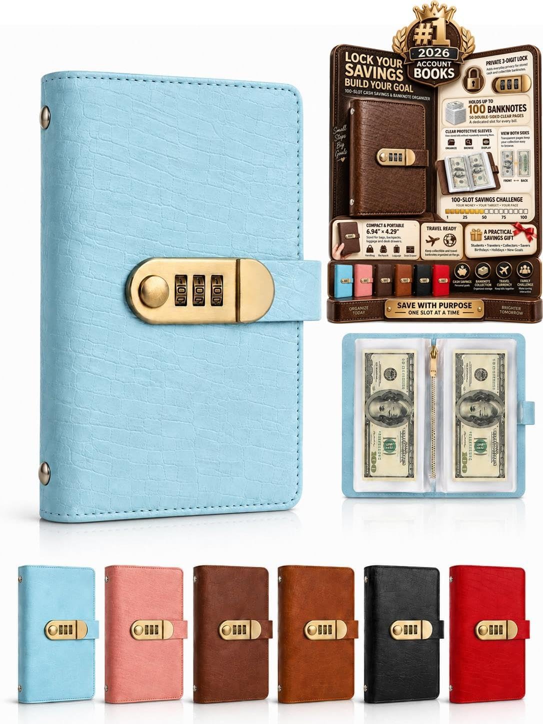 100-Page Lockable Savings Book Cash Challenge Banknote Organizer Collection