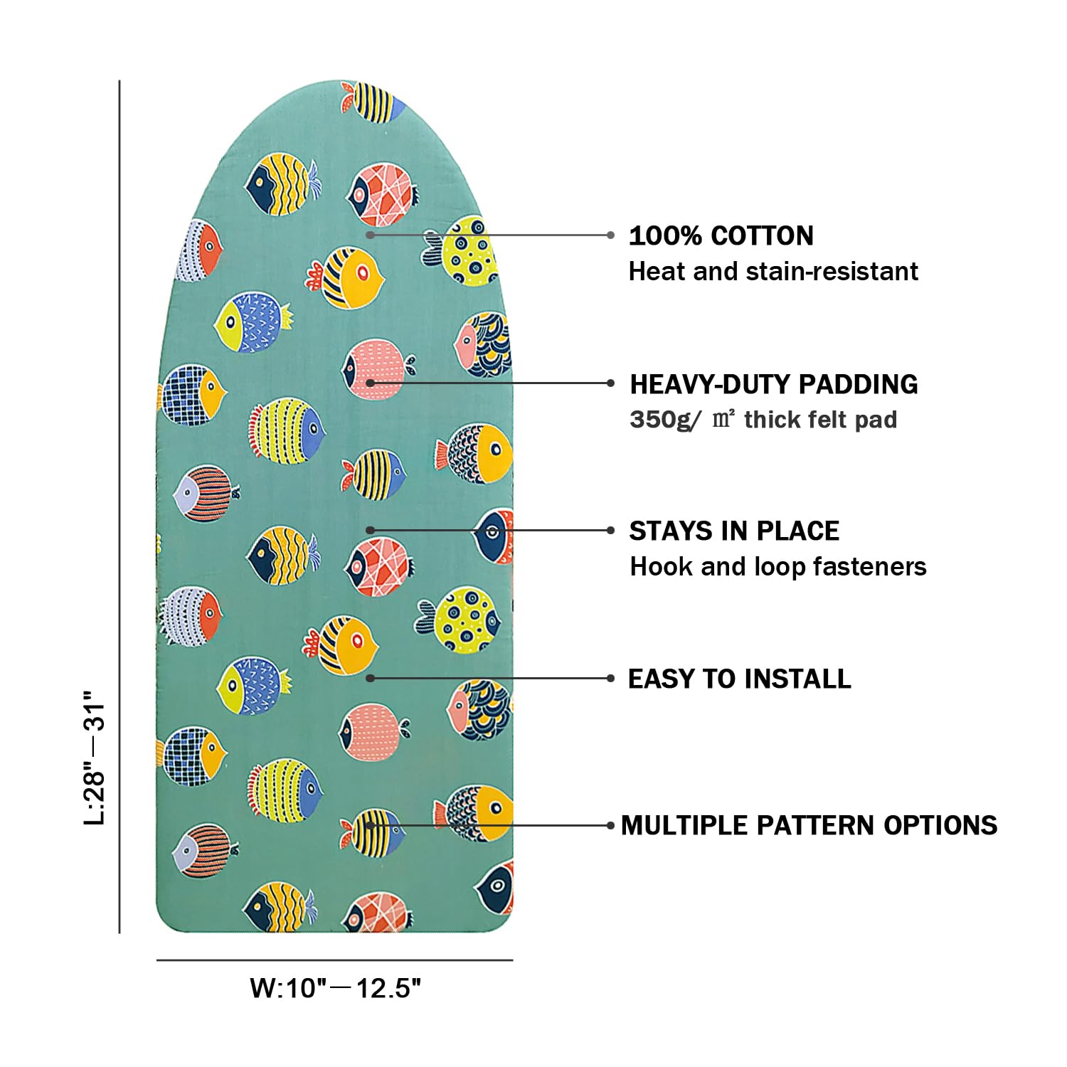 Funda y almohadilla para tabla de planchar pequeña de 12.5 x 30 pulgadas, 3 pares de correas de cierre de velcro, bordes elásticos, funda para tabla de planchar de 2 capas con acolchado grueso