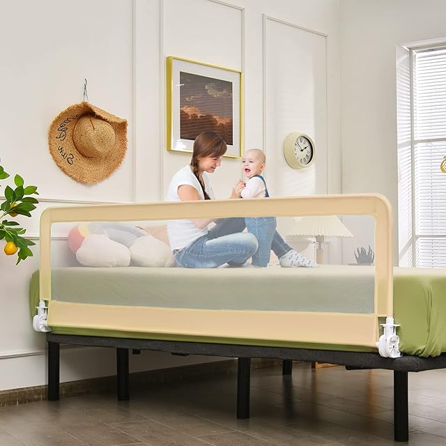 Maxmass Toddler Bed Guard, 180 x 37 x 56 cm Baby Mesh Bedside Rail with Safety Straps, Safety Protection Guardrail for Extra Long Cribs, Double and Full Size Bed (Beige)