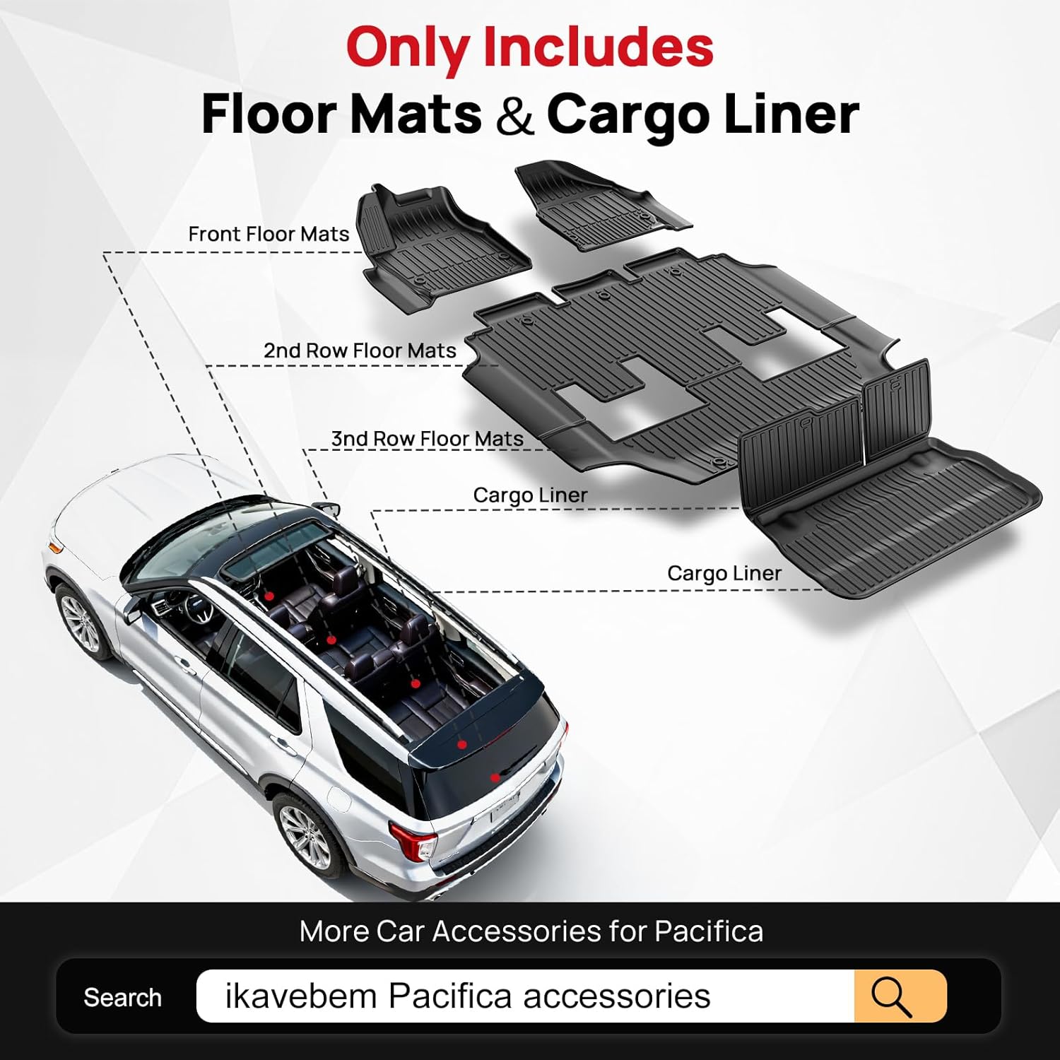 Floor Mats & Cargo Liner & Backrest Mat Fit for 2017-2026 Chrysler Pacifica 7 Passenger Model (Non Hybrid & Non Pinnacle) & 2020-2026 Voyager: All Weather Floor Mats Pacifica Accessories Trunk mat