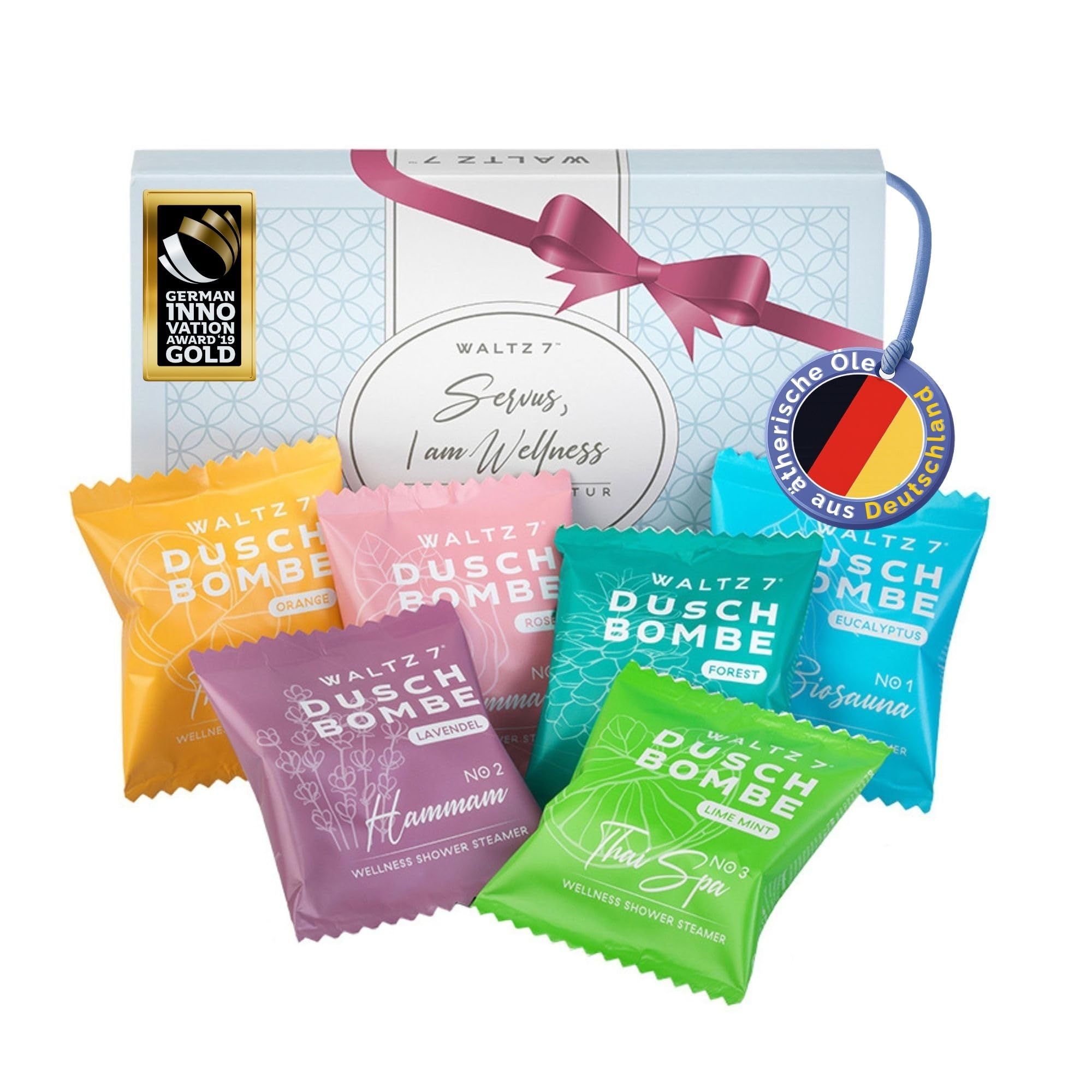 WALTZ 7 Original Duschbomben Set, 6 Stück mit 6 Düften, Qualität aus Europa, Badebomben, Badekugeln Alternative, kleines Geschenk Frauen, Freundin, Männer, Mitbringsel Gastgeschenk, Geschenkidee