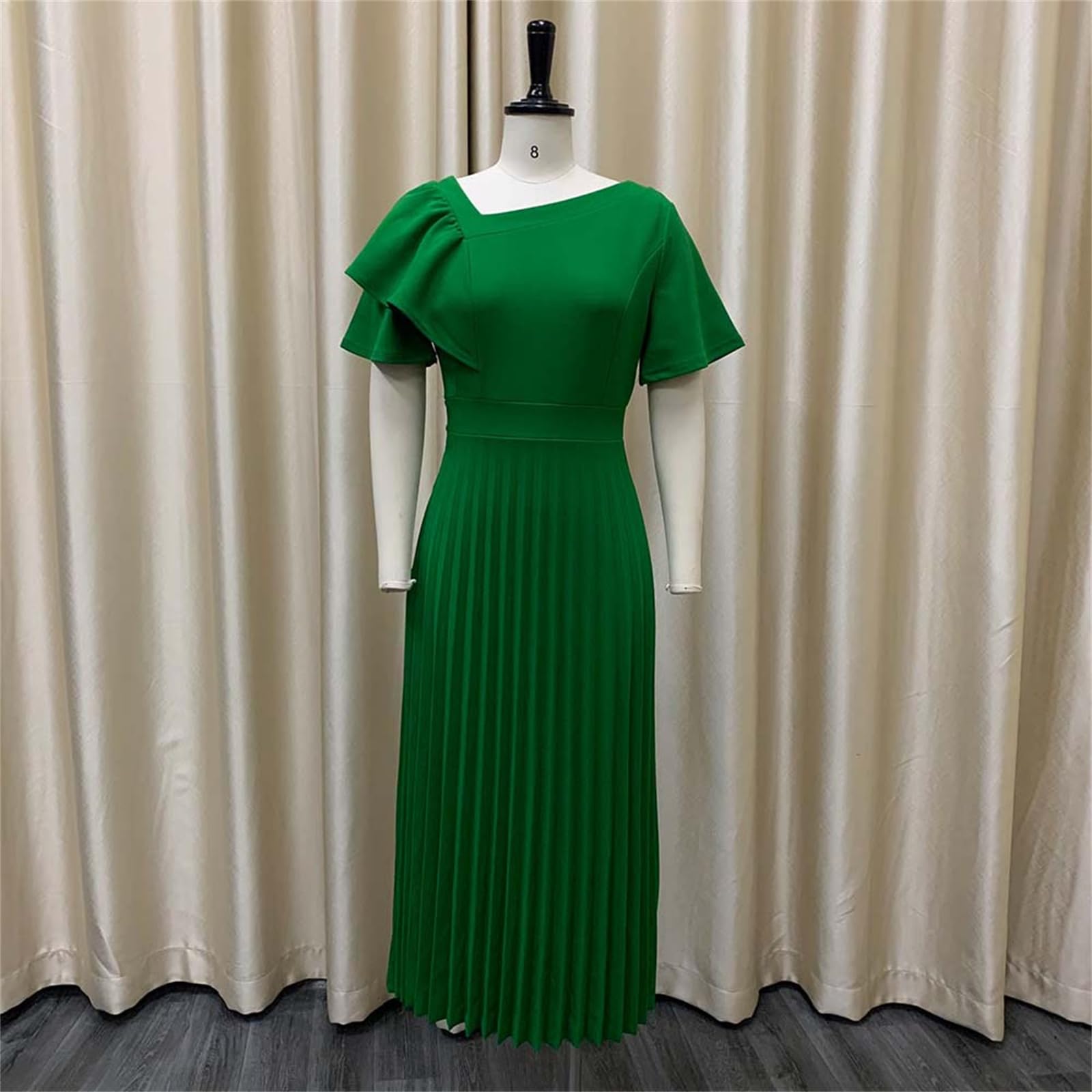Vestido Midi Plisado para Mujer, con Mangas con Volantes, Escote en V, Cintura Alta y Estilo Casual y Fluido, Ideal para invitadas a Bodas y Fiestas