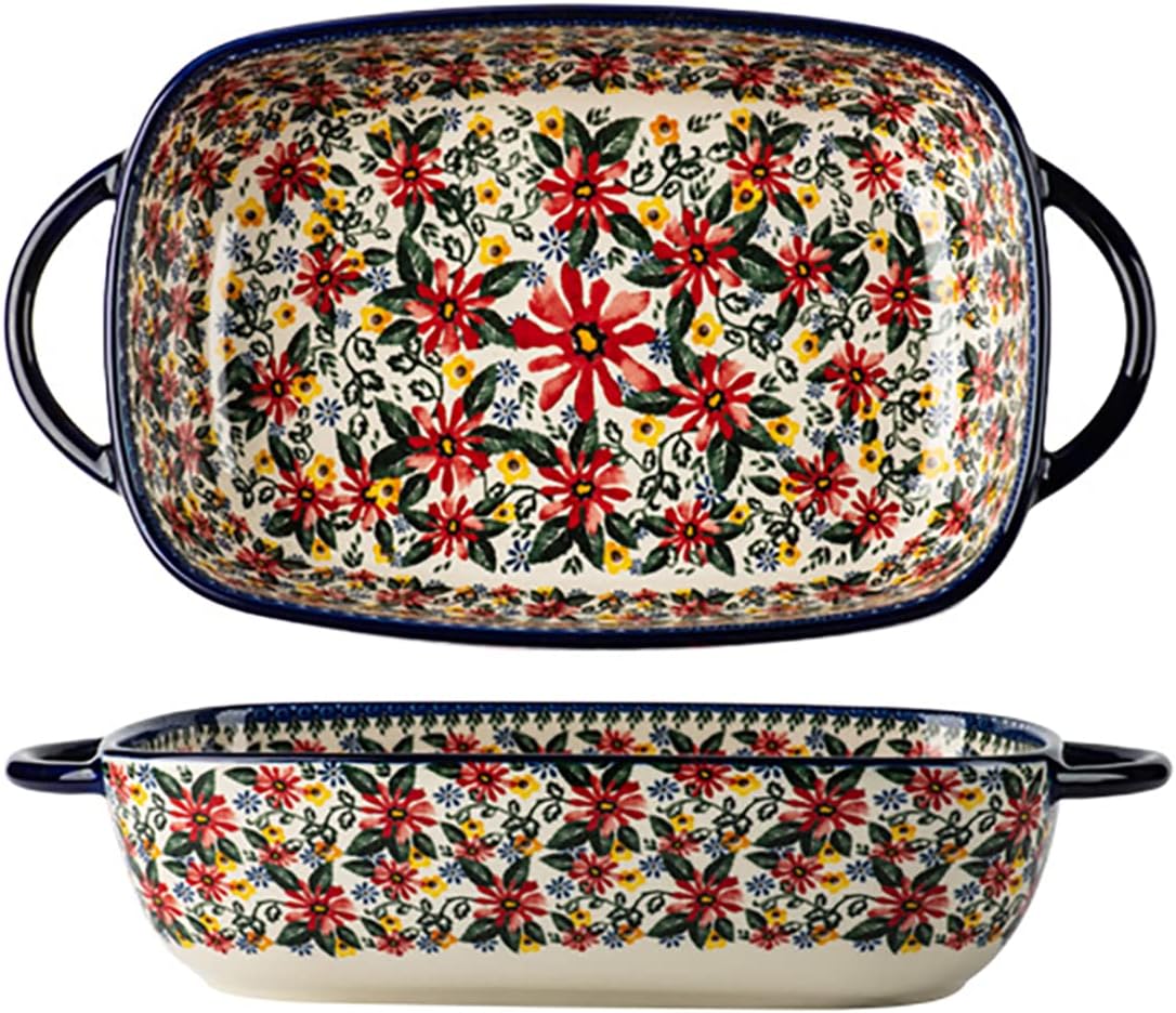 Red Daisy Flower Vintage Style Ceramic Bakeware Casserole Dish Baking Pan Lasagna Pans Baking Dish with Handles for Oven/Cooking/Kitchen-1 PCS, 60 OZ
