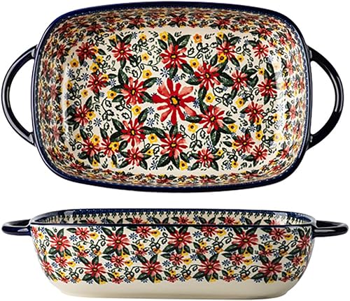 Cacerola de cerámica para hornear de estilo vintage con margaritas rojas, bandeja para hornear lasaña con asas para horno, cocinacocina, 1 unidad,