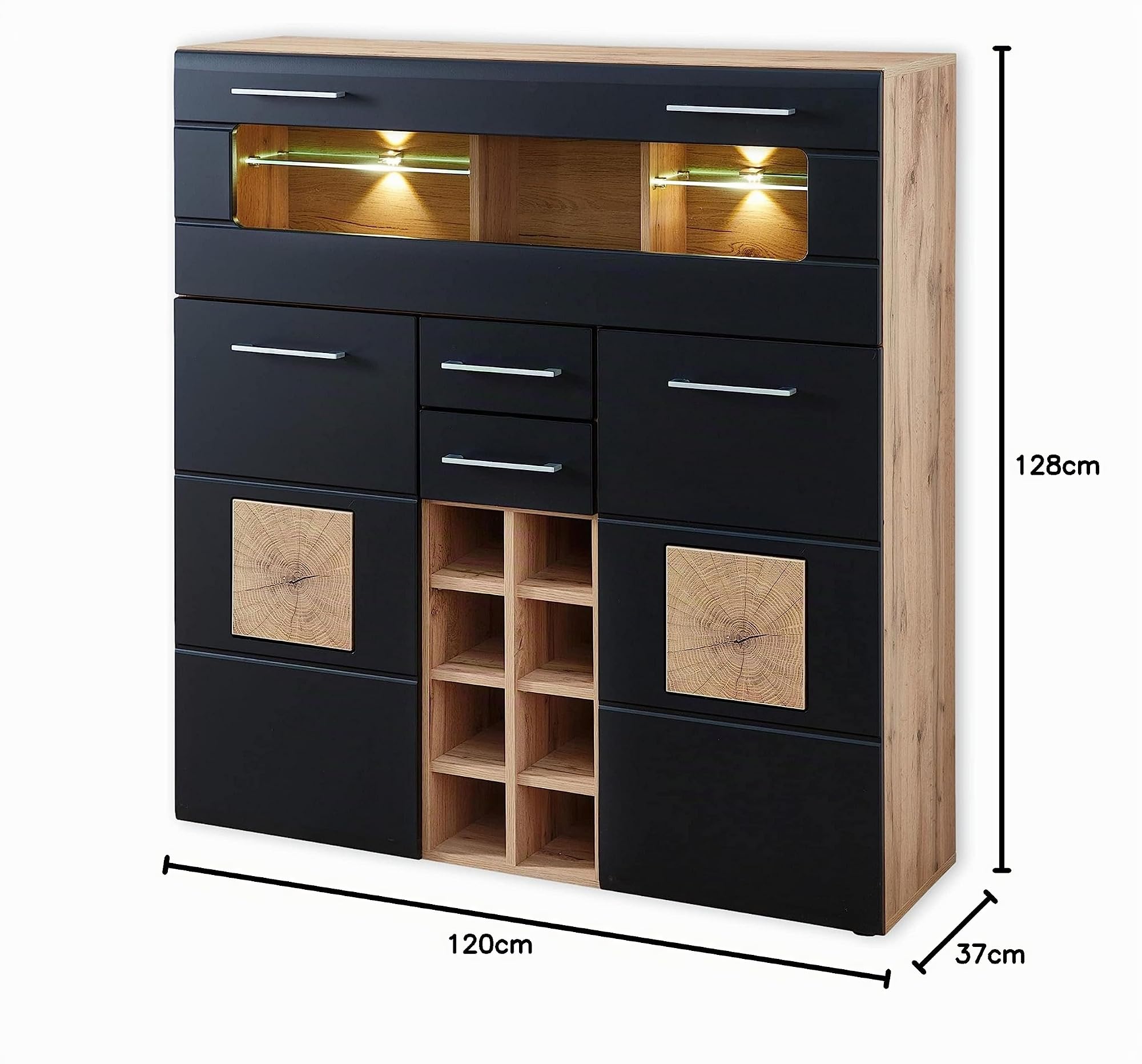 Stella Trading SONATE Armoire de Bar en chêne Vieilli - Noir - Meuble Haut Moderne avec étagère à Bouteilles et éclairage LED - 120 x 128 x 37 cm (l x H x P)