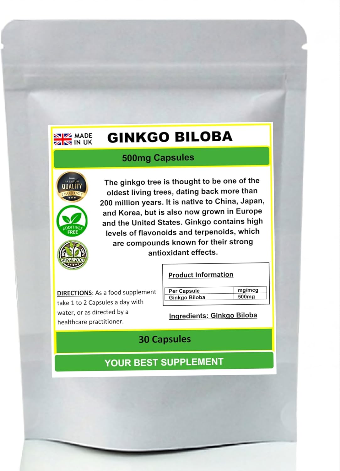 Ginkgo Biloba Capsules 100% Natural Pure no additives (30)