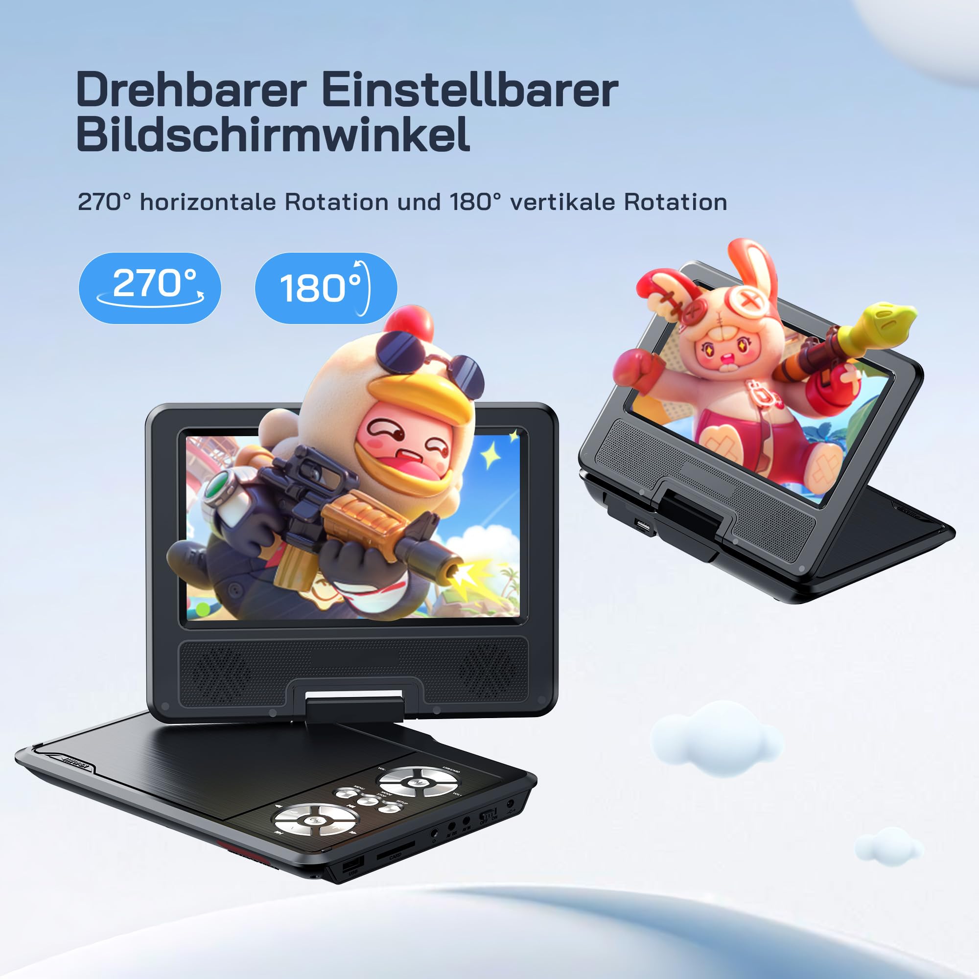 WOLFANG 9,5 Zoll Aufladbarer Tragbarer DVD-Player für Kinder im Auto, 7,5 Zoll HD Drehbildschirm, 6 Stunden Spielzeit, Sync TV/USB/SD, Keine Blu-ray-Unterstützung (Schwarz)