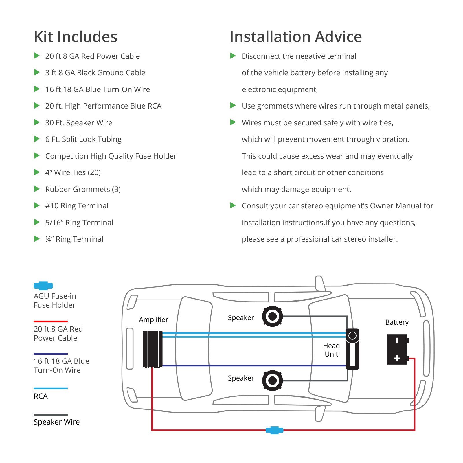 8 Gauge komplett Verstärker Verkabelung Installation Kit – RCA Interconnect – Lautsprecher Draht Sicherungshalter