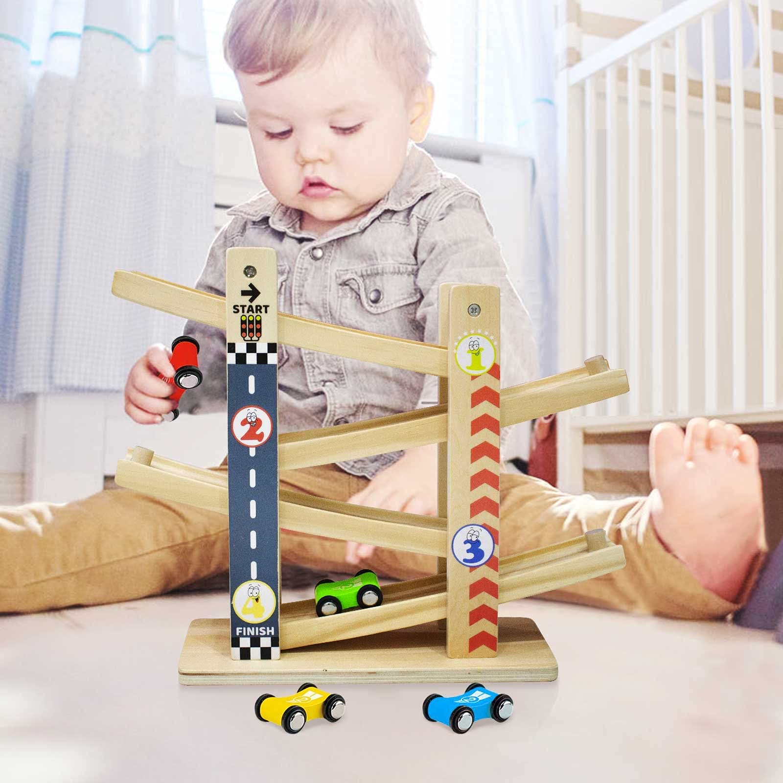Rampas para Coches de Madera | Tobogán de Coche en Zigzag | Parking Garaje Coches Juguetes | Juguetes para Niños Pequeños Pista de Carreras de Madera con 4 Coches | Regalos de Niño de 3 4 Años (City)