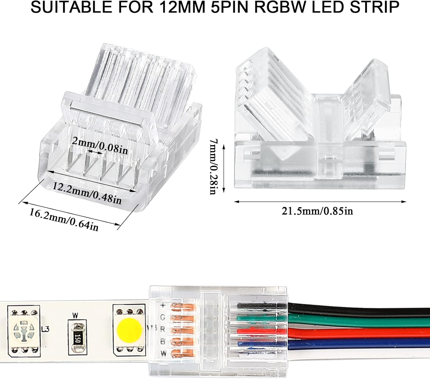 Flutesan 20 Pcs 5 Pin 12 mm LED Strip Connector RGB Lights Waterproof Adapter 22 Awg Wires Connector for Strip Light Unwired Gapless Track 5v 12v 24v