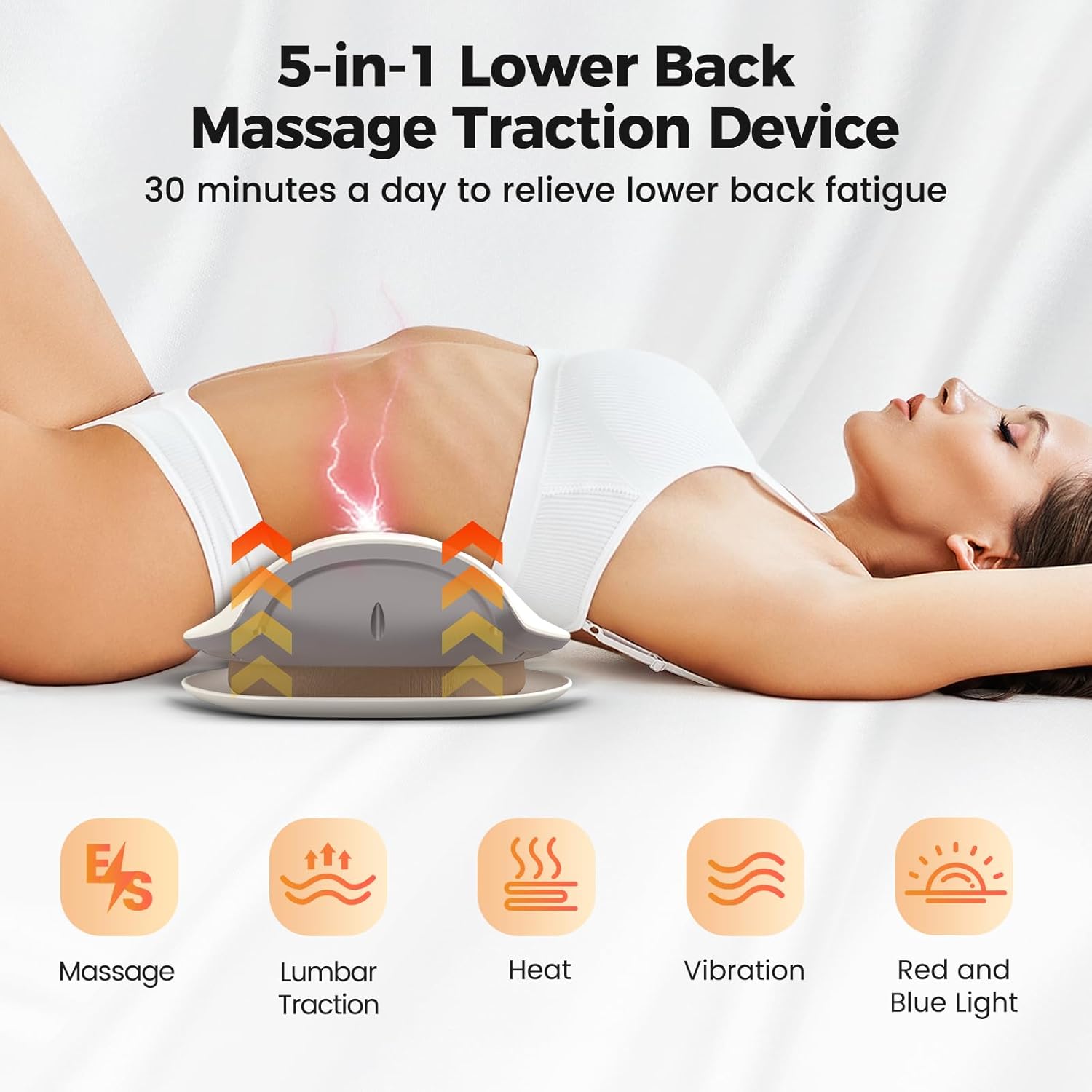 Lower Back Massager with Heat, Back Stretcher for Lower Back Pain Relief and Decompression, Spine-Smoothing Quadruple Fusion Back Massager, Lumbar Traction Device with Rocking Stretch & Height Adjust